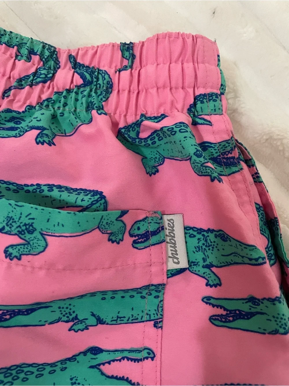 chubbies Pink Swim Trunks with Teal Alligator Print